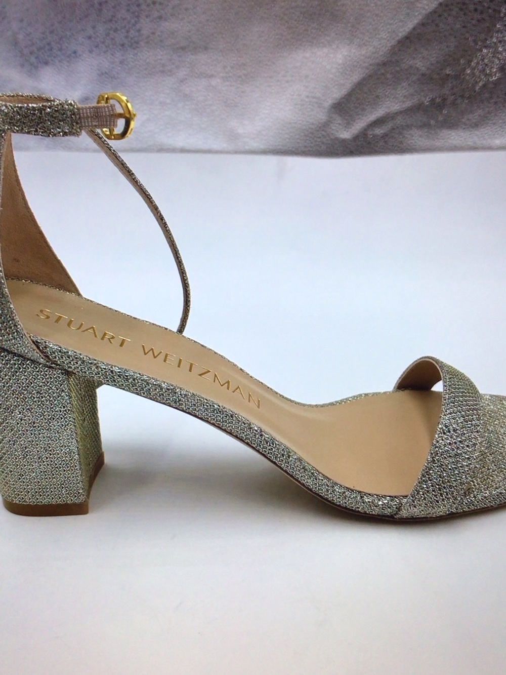 Stuart Weitzman Glittery Silver Open-Toe Ankle-Strap Heels - Picture 5 of 9